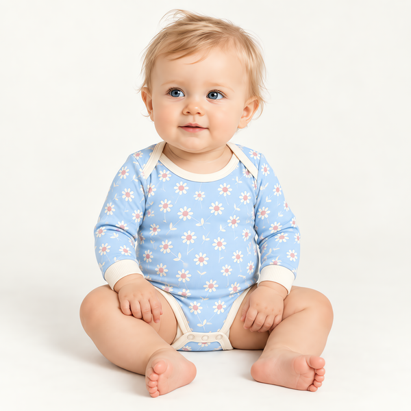 A baby wearing the JOWI Little Daisy Bodysuit on a plain studio background, full body