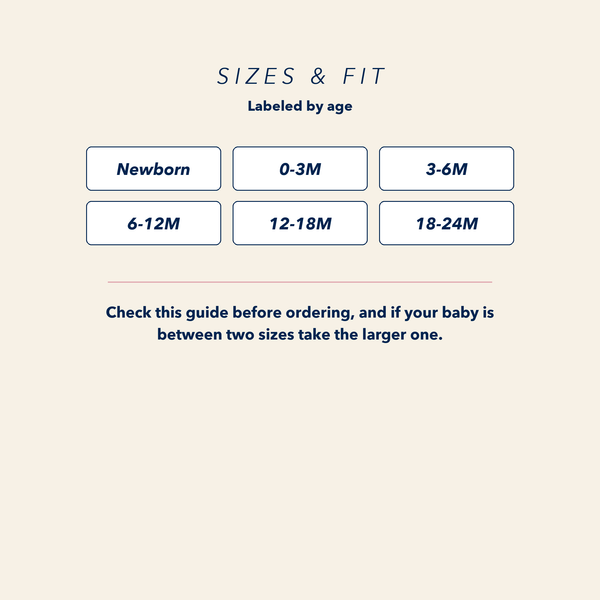 Size and fit guide for the JOWI Little Daisy Bodysuit, listing every size offered and how to choose between two [plate]