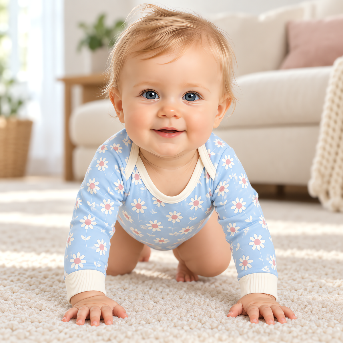 A baby moving and playing in the JOWI Little Daisy Bodysuit in daylight at home