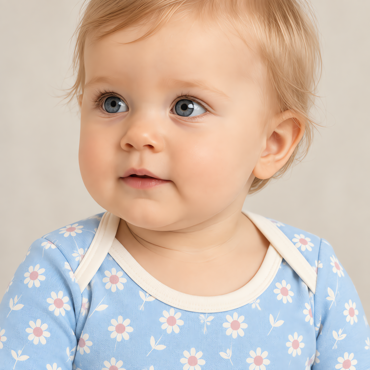Close up of the JOWI Little Daisy Bodysuit worn, with the printed cloth at true scale