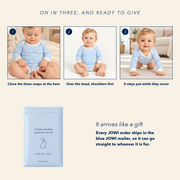 How the JOWI Little Daisy Bodysuit goes on in three steps, and the blue JOWI mailer that it ships in