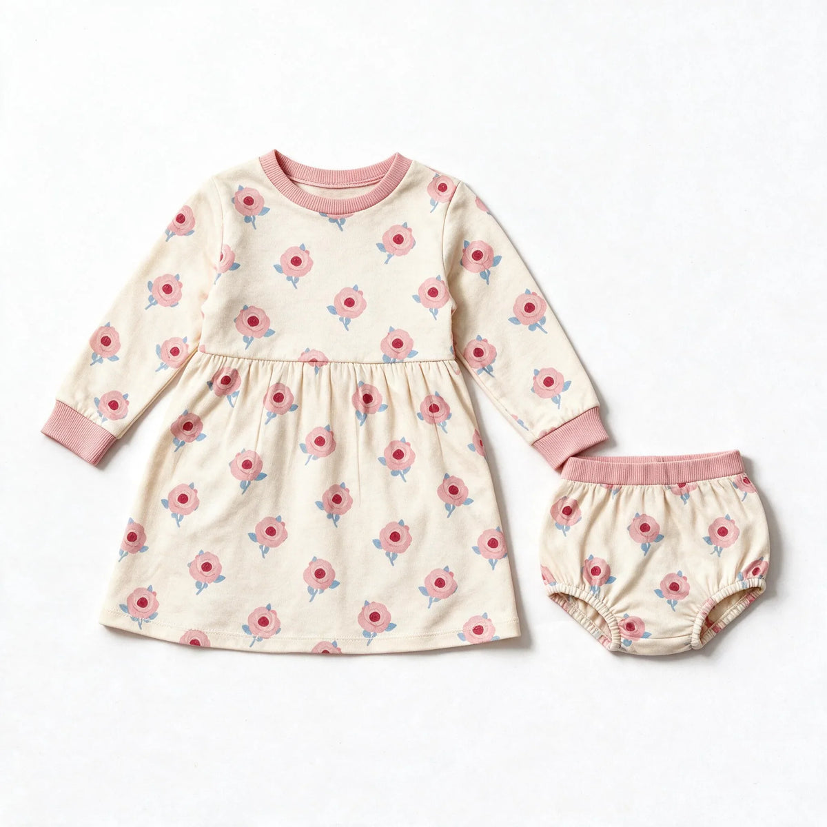 JOWI Little Rose Dress Set shown flat from the front, small scattered roses on cream, dusty pink trims