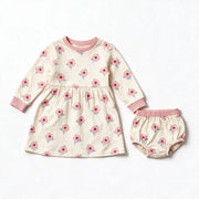 JOWI Little Rose Dress Set shown flat from the front, small scattered roses on cream, dusty pink trims