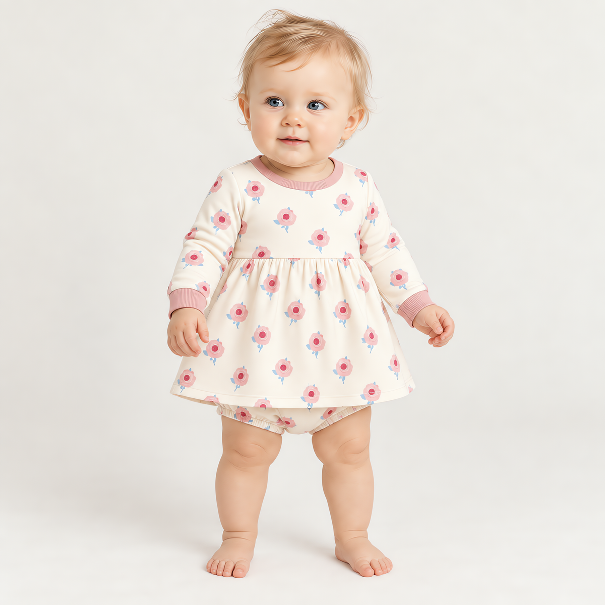 A baby wearing the JOWI Little Rose Dress Set on a plain studio background, full body