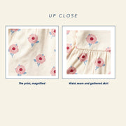 Close up of the JOWI Little Rose Dress Set: the printed cloth magnified next to a construction detail