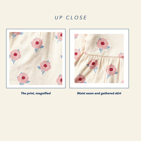 Close up of the JOWI Little Rose Dress Set: the printed cloth magnified next to a construction detail [plate]