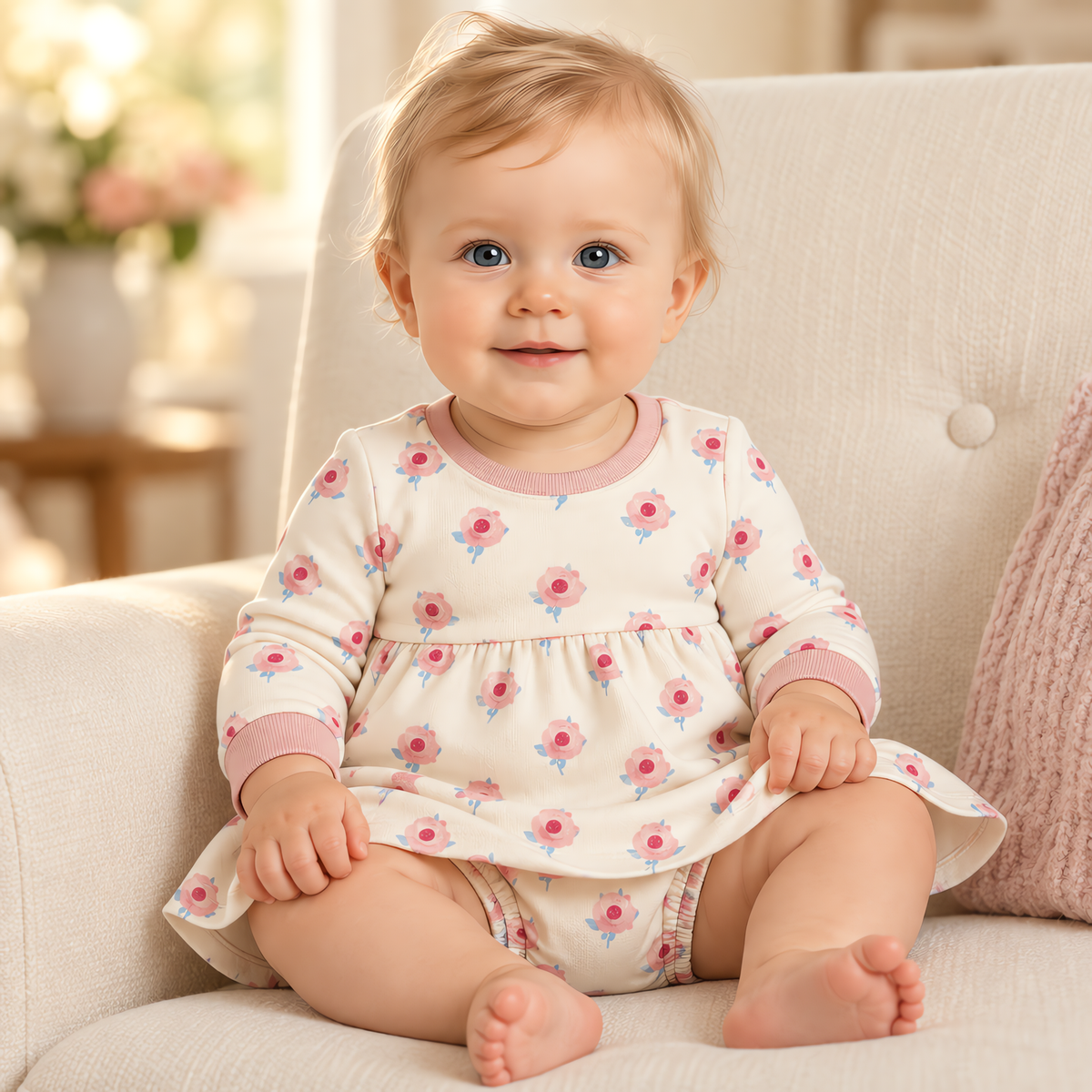 The JOWI Little Rose Dress Set in use, showing the detail that makes it easy to put on and take off