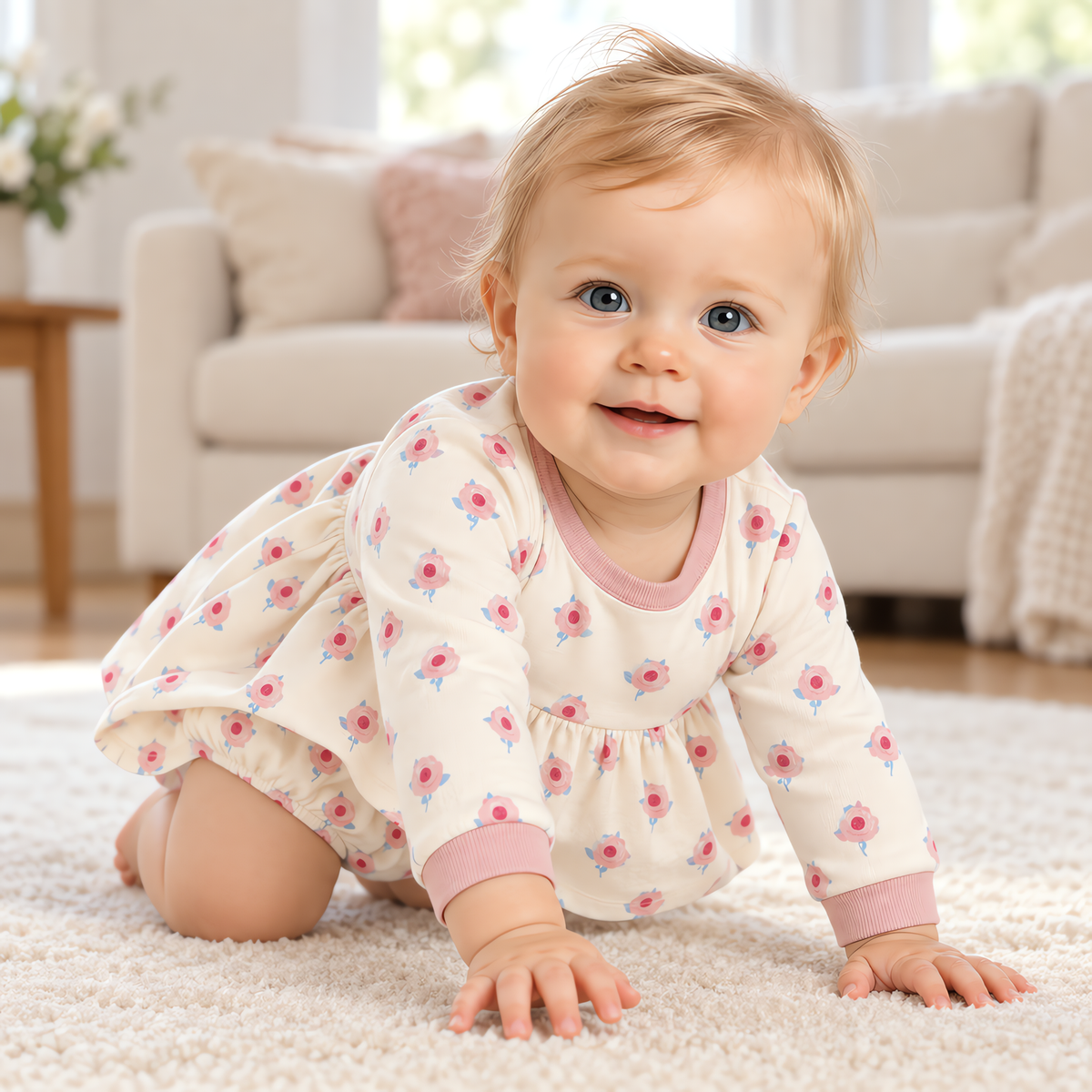 A baby moving and playing in the JOWI Little Rose Dress Set in daylight at home