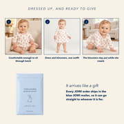 How the JOWI Little Rose Dress Set goes on in three steps, and the blue JOWI mailer that it ships in