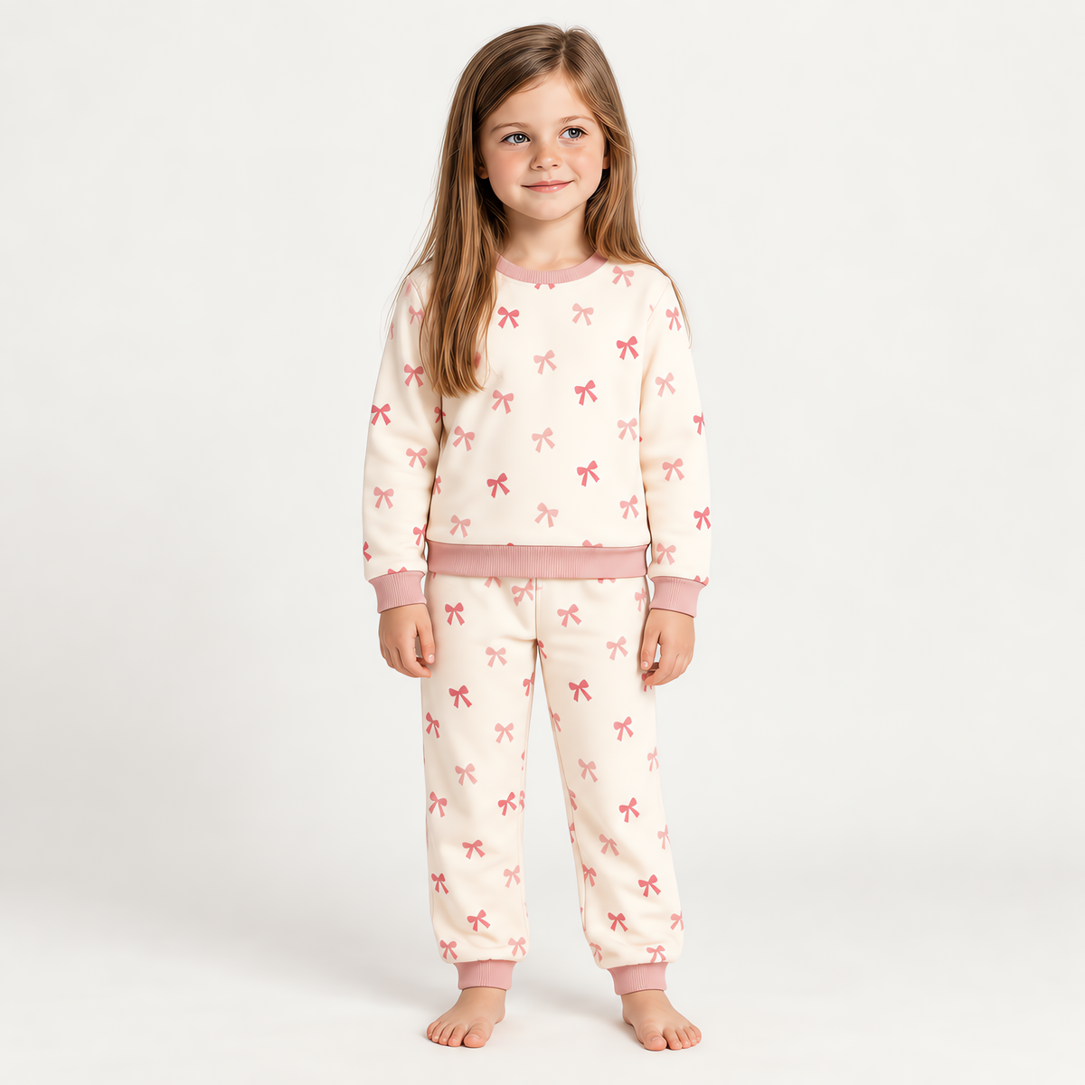 A child wearing the JOWI Pink Bow Baby Set on a plain studio background, full body
