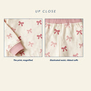 Close up of the JOWI Pink Bow Baby Set: the printed cloth magnified next to a construction detail
