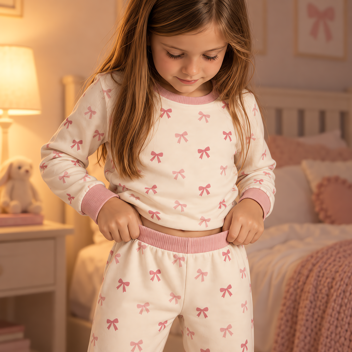 The JOWI Pink Bow Baby Set in use, showing the detail that makes it easy to put on and take off