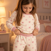 The JOWI Pink Bow Baby Set in use, showing the detail that makes it easy to put on and take off