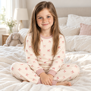 A child moving and playing in the JOWI Pink Bow Baby Set in daylight at home