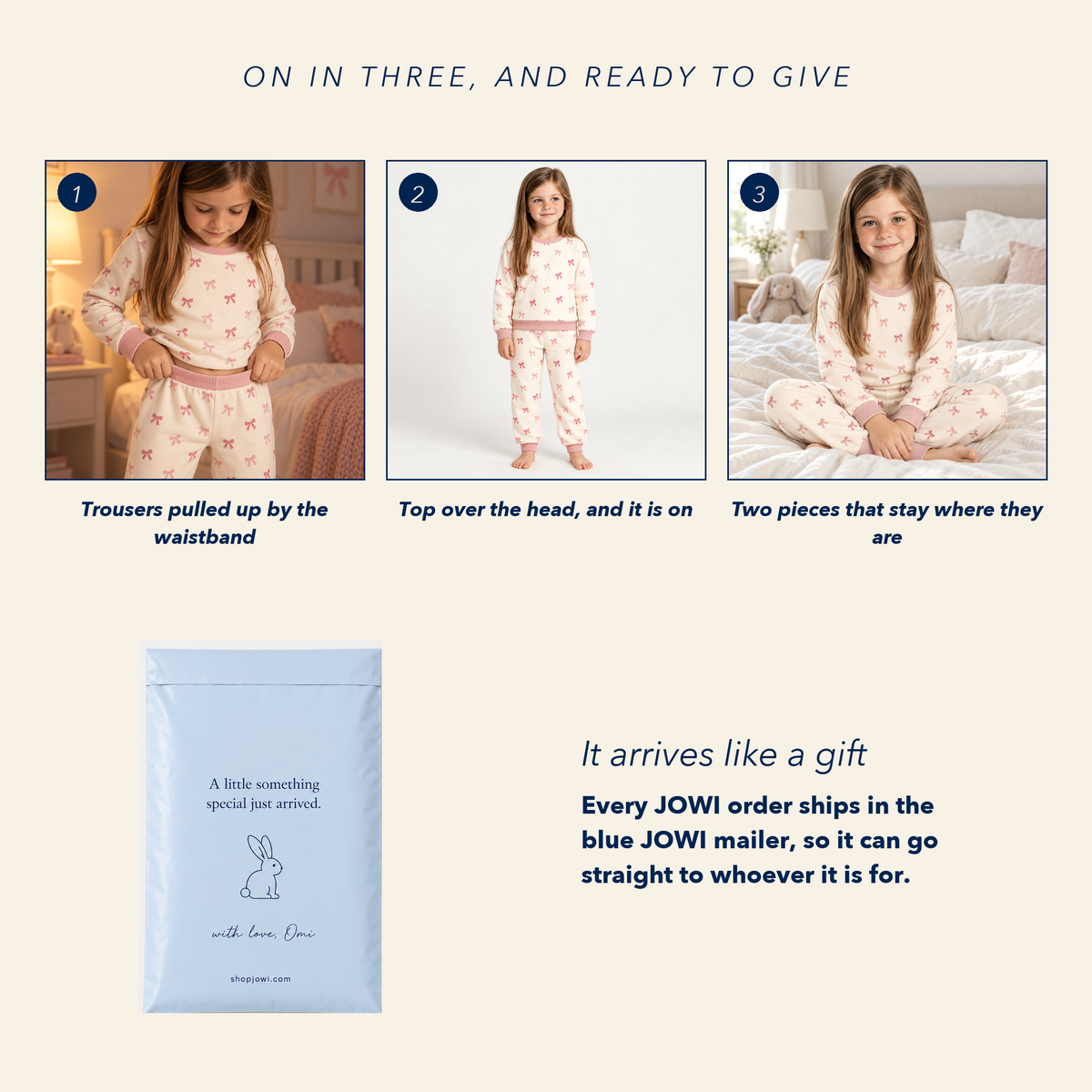 How the JOWI Pink Bow Baby Set goes on in three steps, and the blue JOWI mailer that it ships in