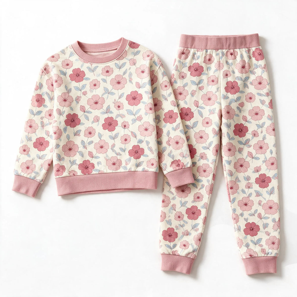 JOWI Pink Floral Pajama Set shown flat from the front, dense soft pink floral on cream, dusty pink ribbing