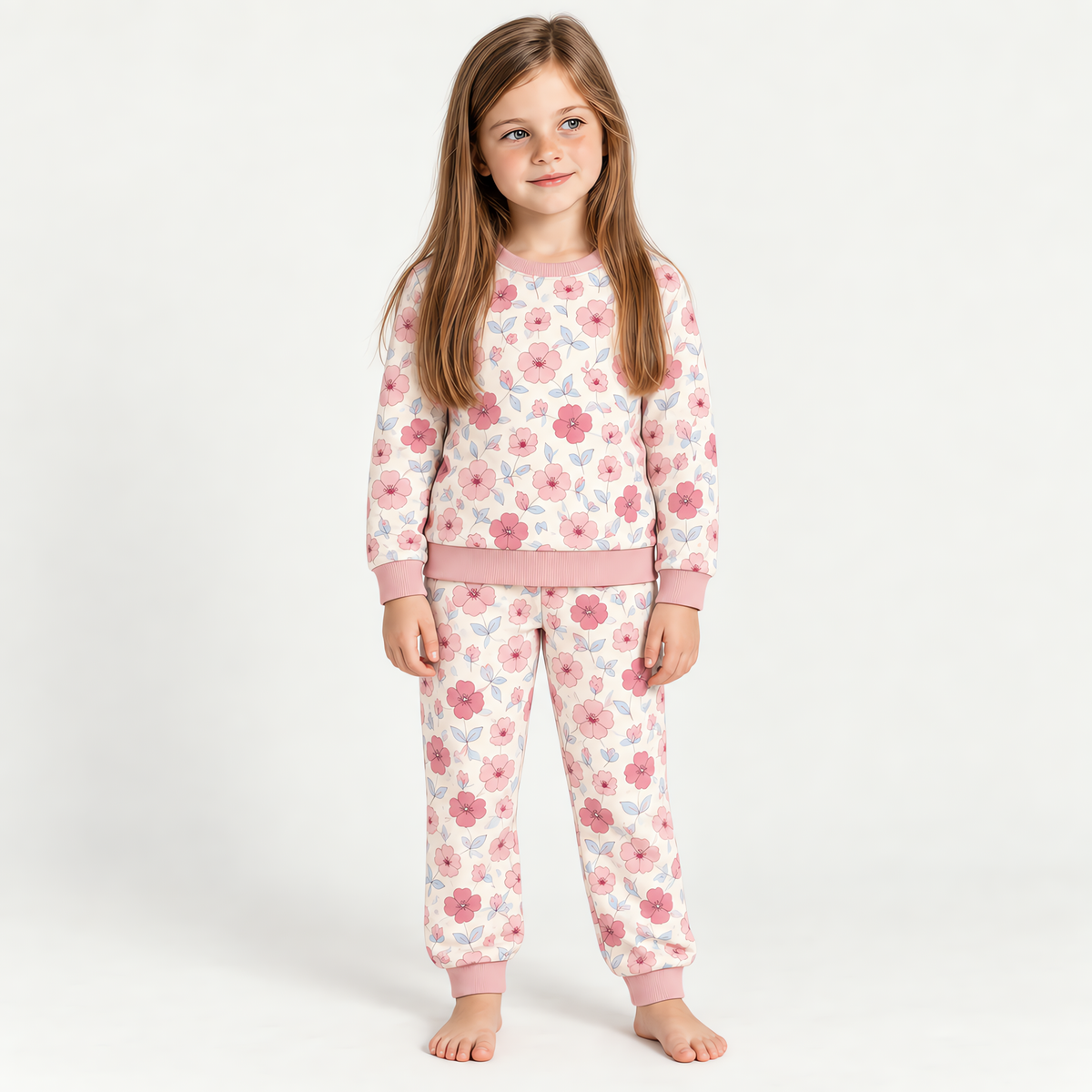 A child wearing the JOWI Pink Floral Pajama Set on a plain studio background, full body