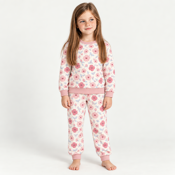 A child wearing the JOWI Pink Floral Pajama Set on a plain studio background, full body