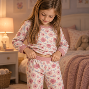 The JOWI Pink Floral Pajama Set in use, showing the detail that makes it easy to put on and take off