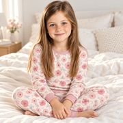 A child moving and playing in the JOWI Pink Floral Pajama Set in daylight at home