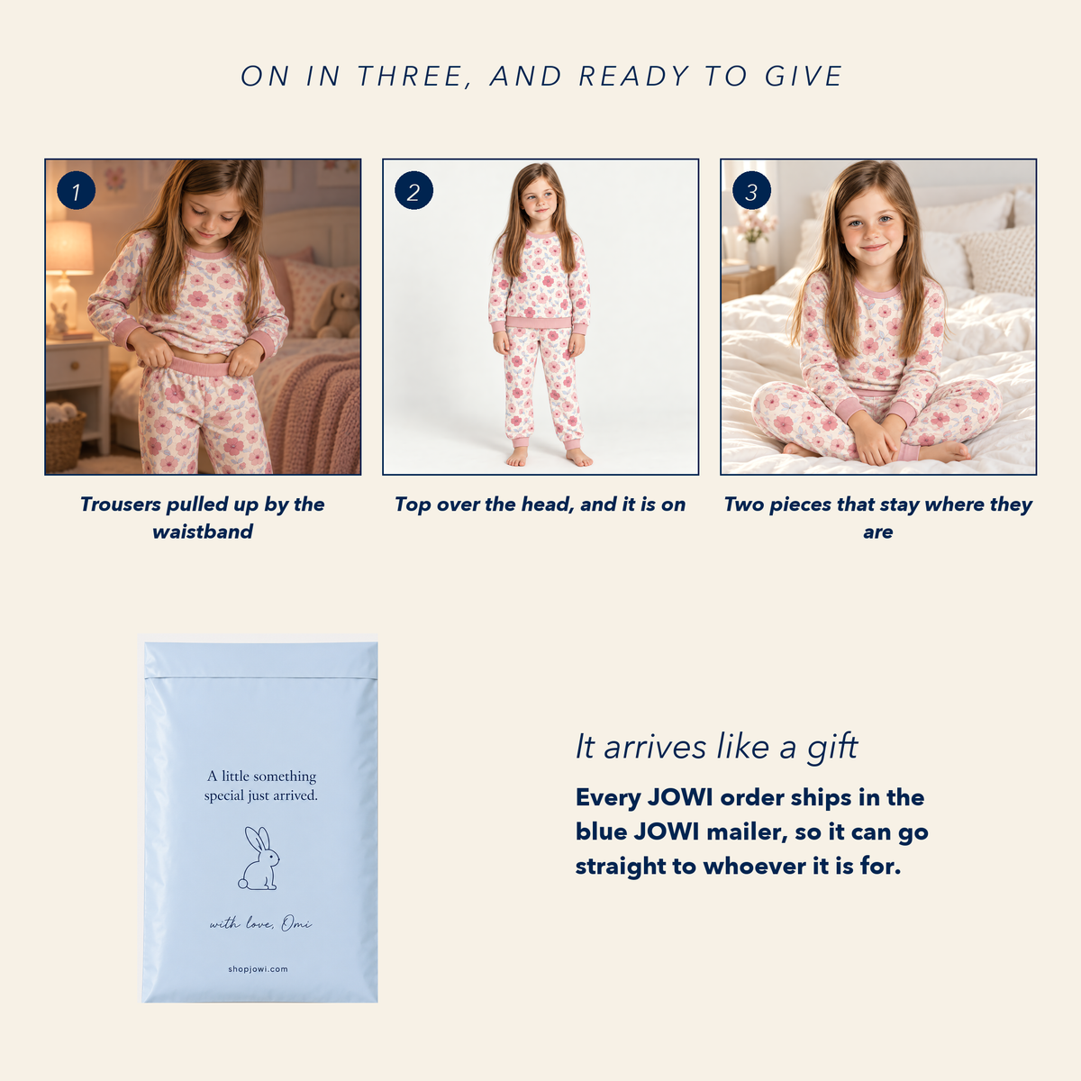 How the JOWI Pink Floral Pajama Set goes on in three steps, and the blue JOWI mailer that it ships in