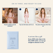 How the JOWI Pink Floral Pajama Set goes on in three steps, and the blue JOWI mailer that it ships in