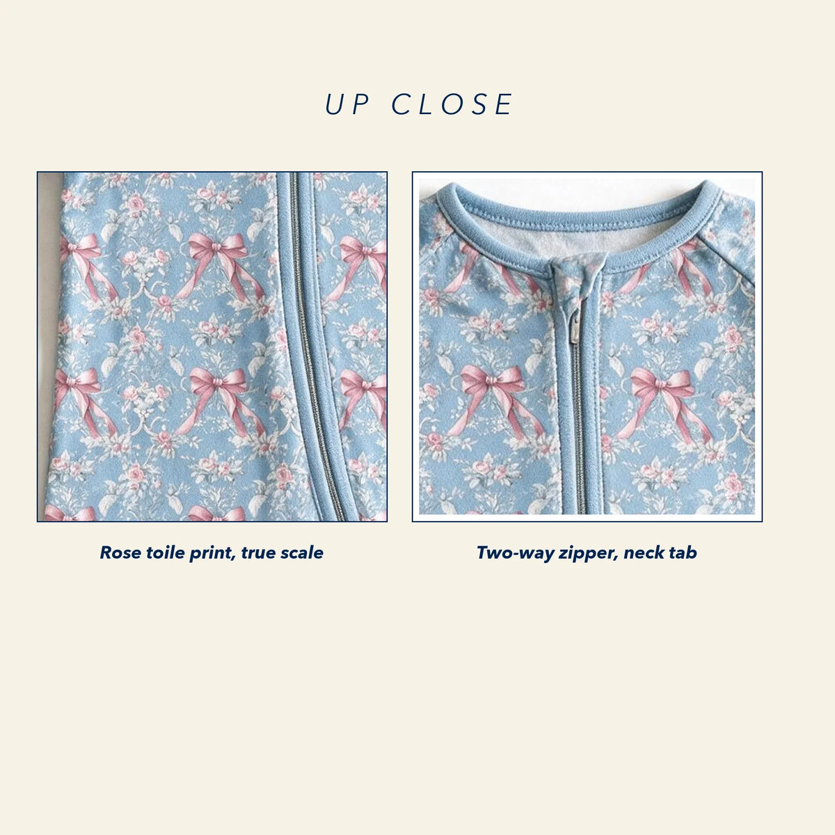 Close up photograph of the rose toile print and of the two way zipper with its neck tab