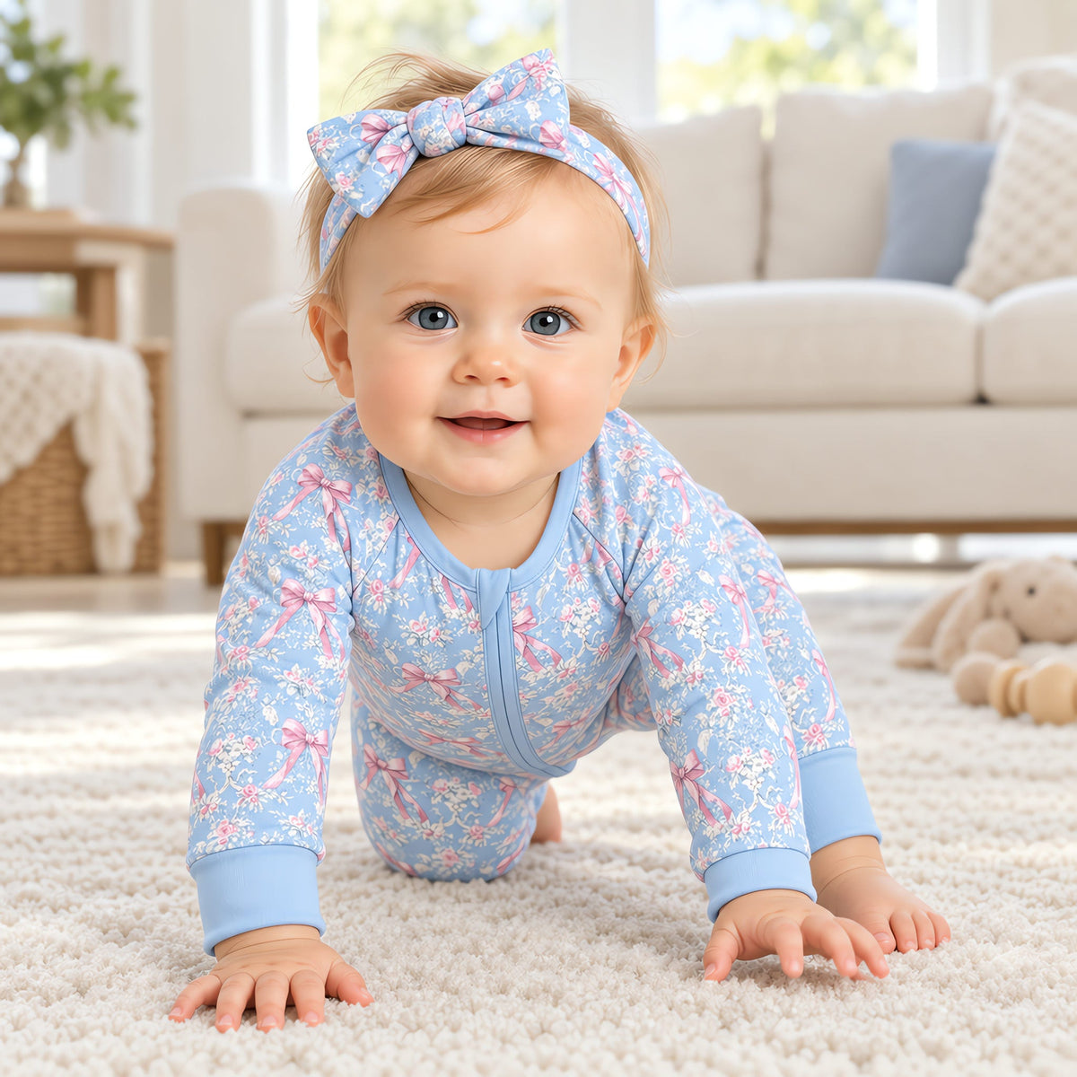 Baby crawling in the blue rose toile zip romper with the plain blue ankle cuffs in view