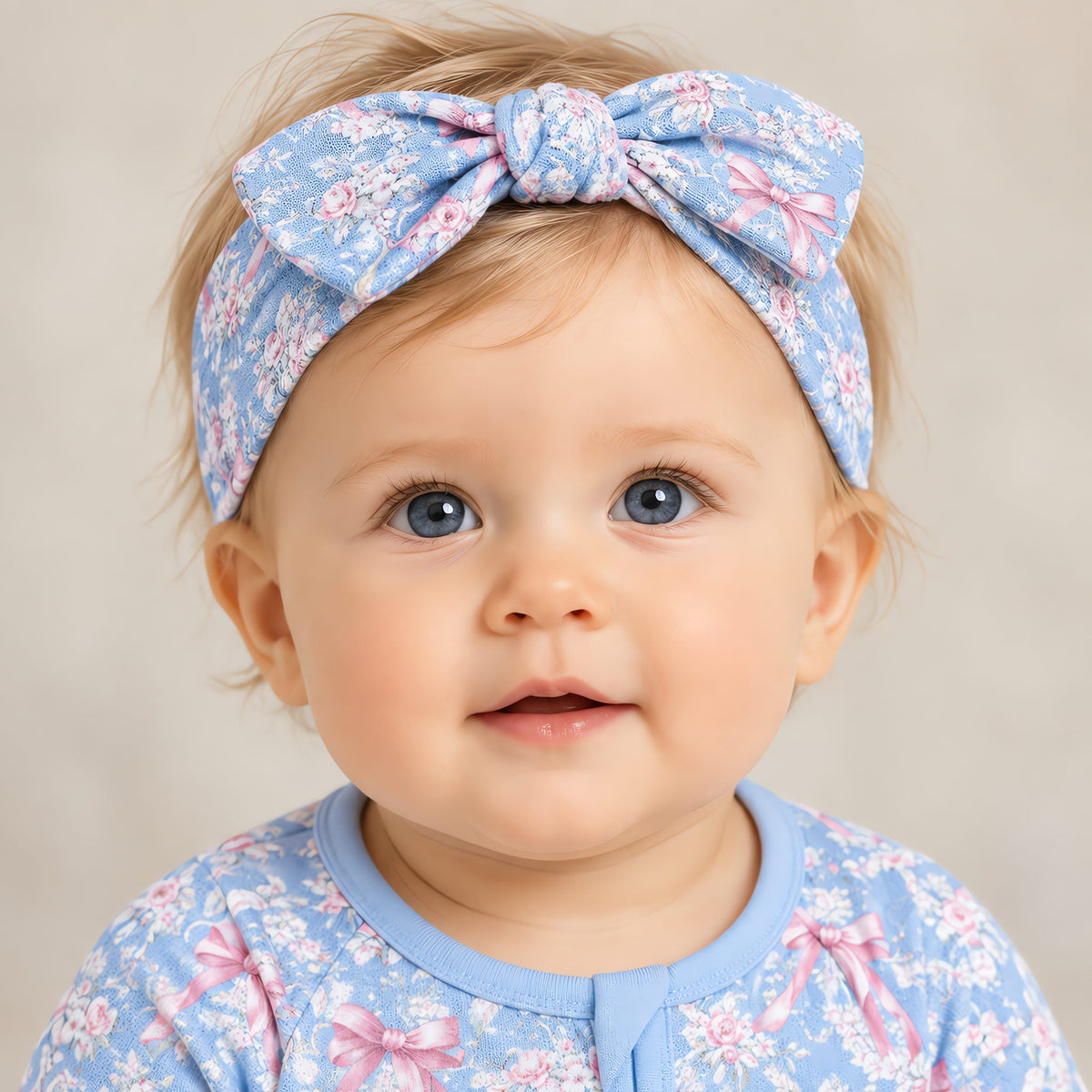 Close up of the bow headband and the romper shoulder cut from the same rose toile fabric