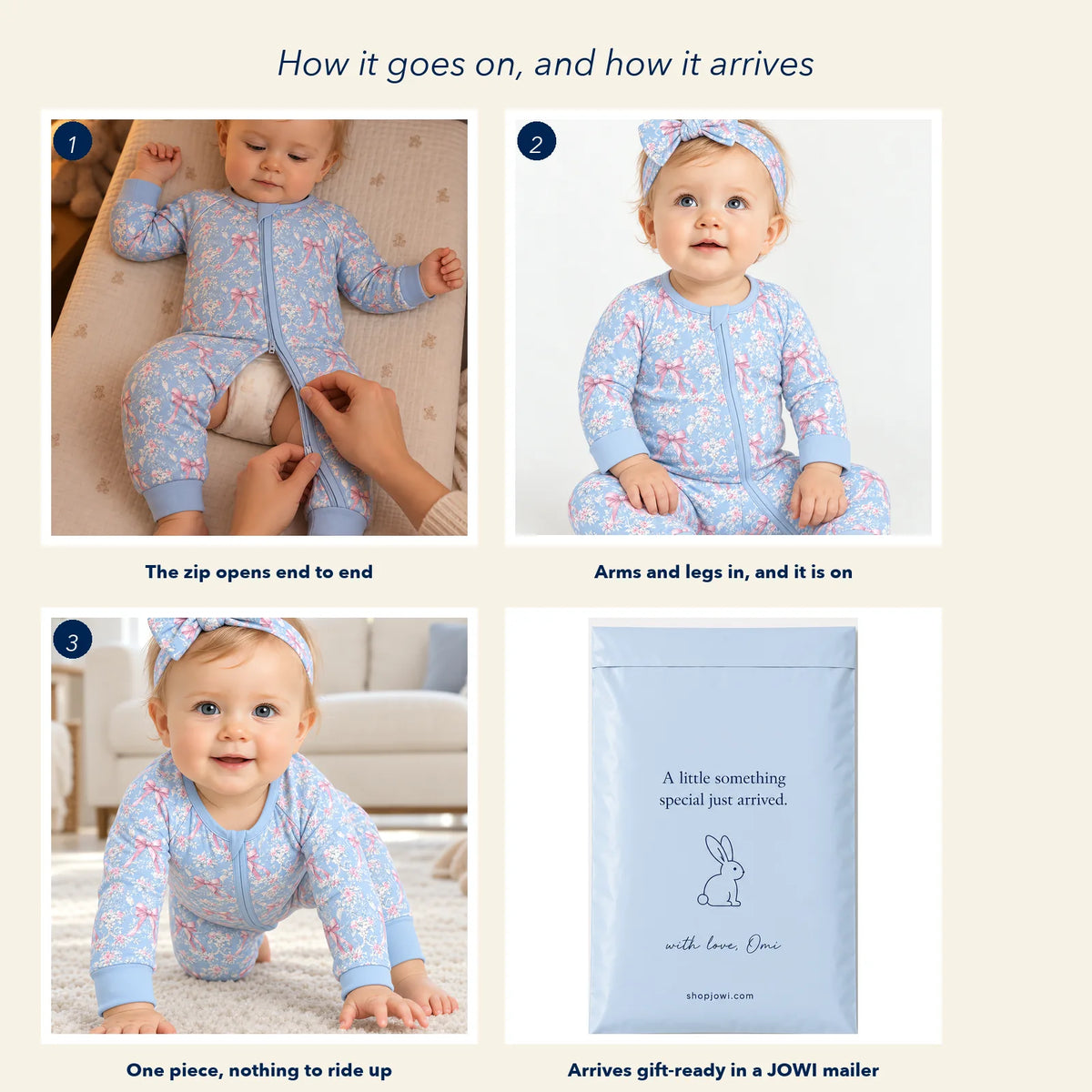 How the zip romper goes on in three steps and how it arrives in a JOWI mailer