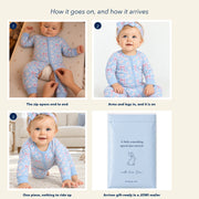 How the zip romper goes on in three steps and how it arrives in a JOWI mailer