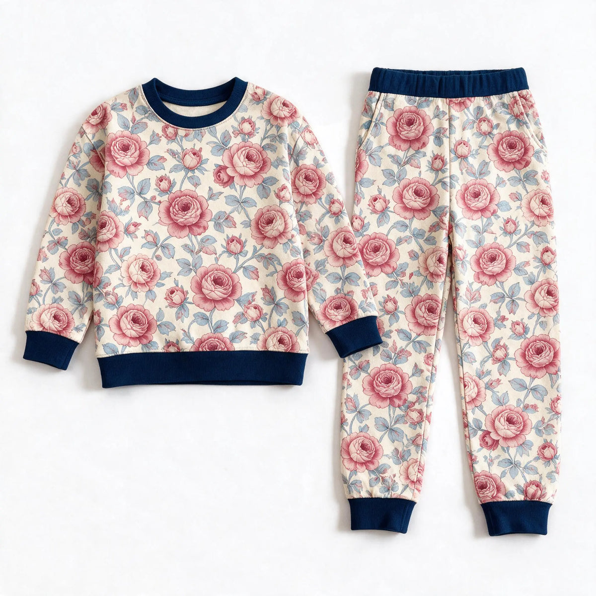 JOWI Rose Garden Pajama Set shown flat from the front, dense cherry and dusty pink roses on cream, navy ribbing