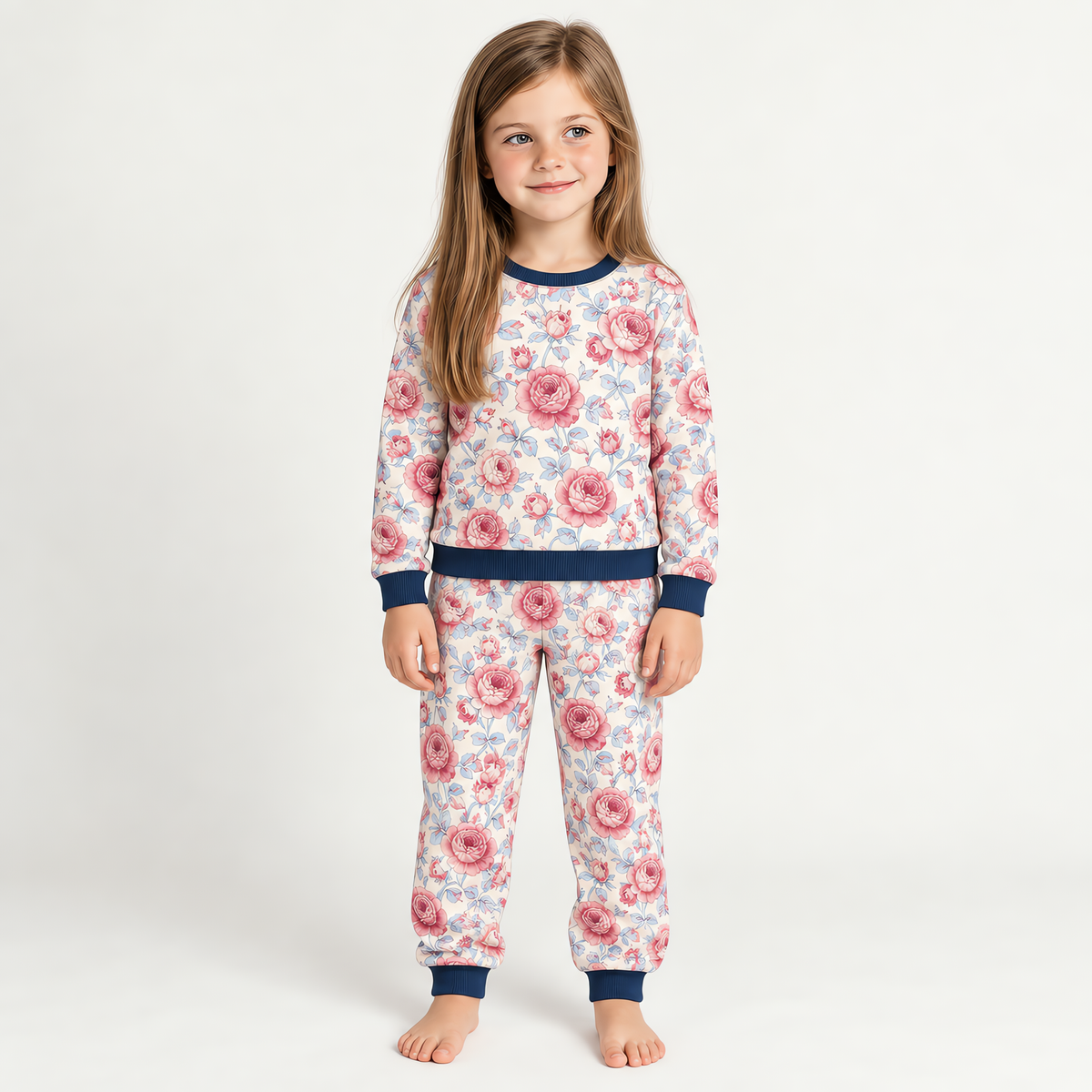 A child wearing the JOWI Rose Garden Pajama Set on a plain studio background, full body