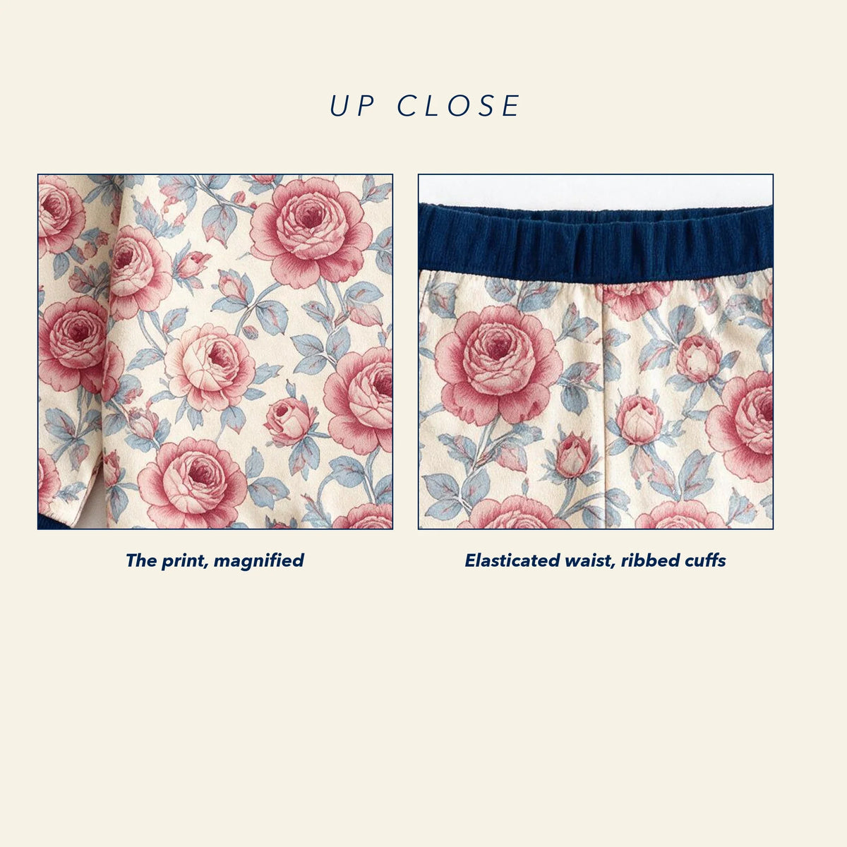 Close up of the JOWI Rose Garden Pajama Set: the printed cloth magnified next to a construction detail