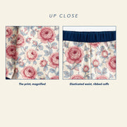Close up of the JOWI Rose Garden Pajama Set: the printed cloth magnified next to a construction detail