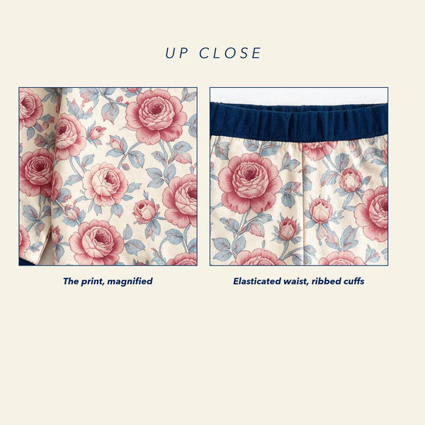 Close up of the JOWI Rose Garden Pajama Set: the printed cloth magnified next to a construction detail [plate]