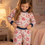 The JOWI Rose Garden Pajama Set in use, showing the detail that makes it easy to put on and take off