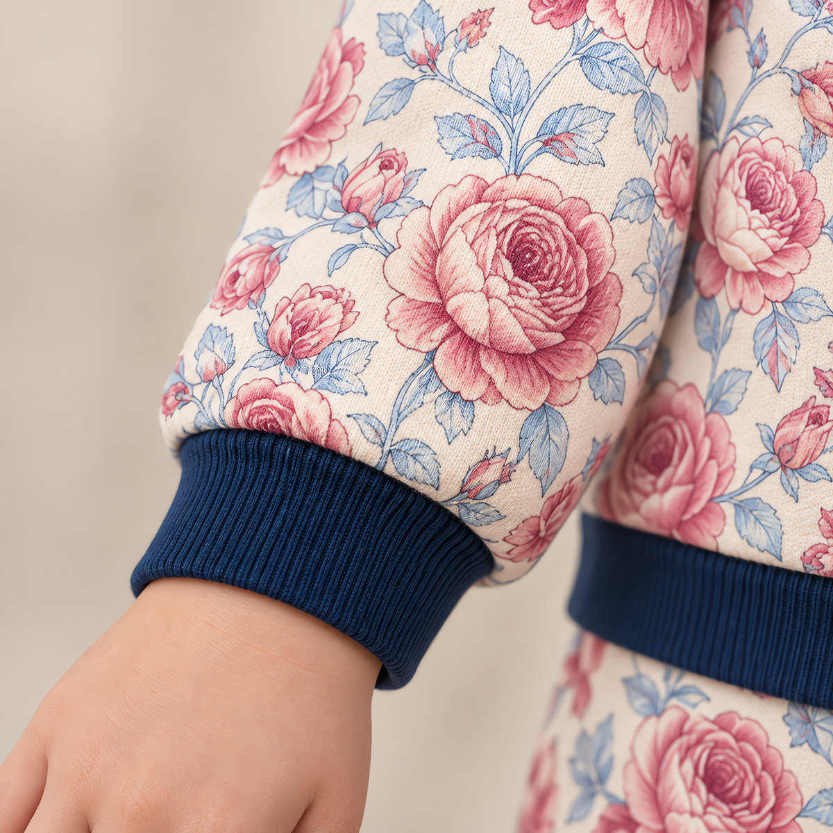 Close up of the JOWI Rose Garden Pajama Set worn, with the printed cloth at true scale