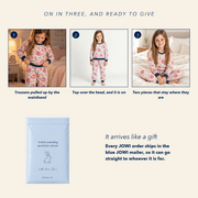 How the JOWI Rose Garden Pajama Set goes on in three steps, and the blue JOWI mailer that it ships in
