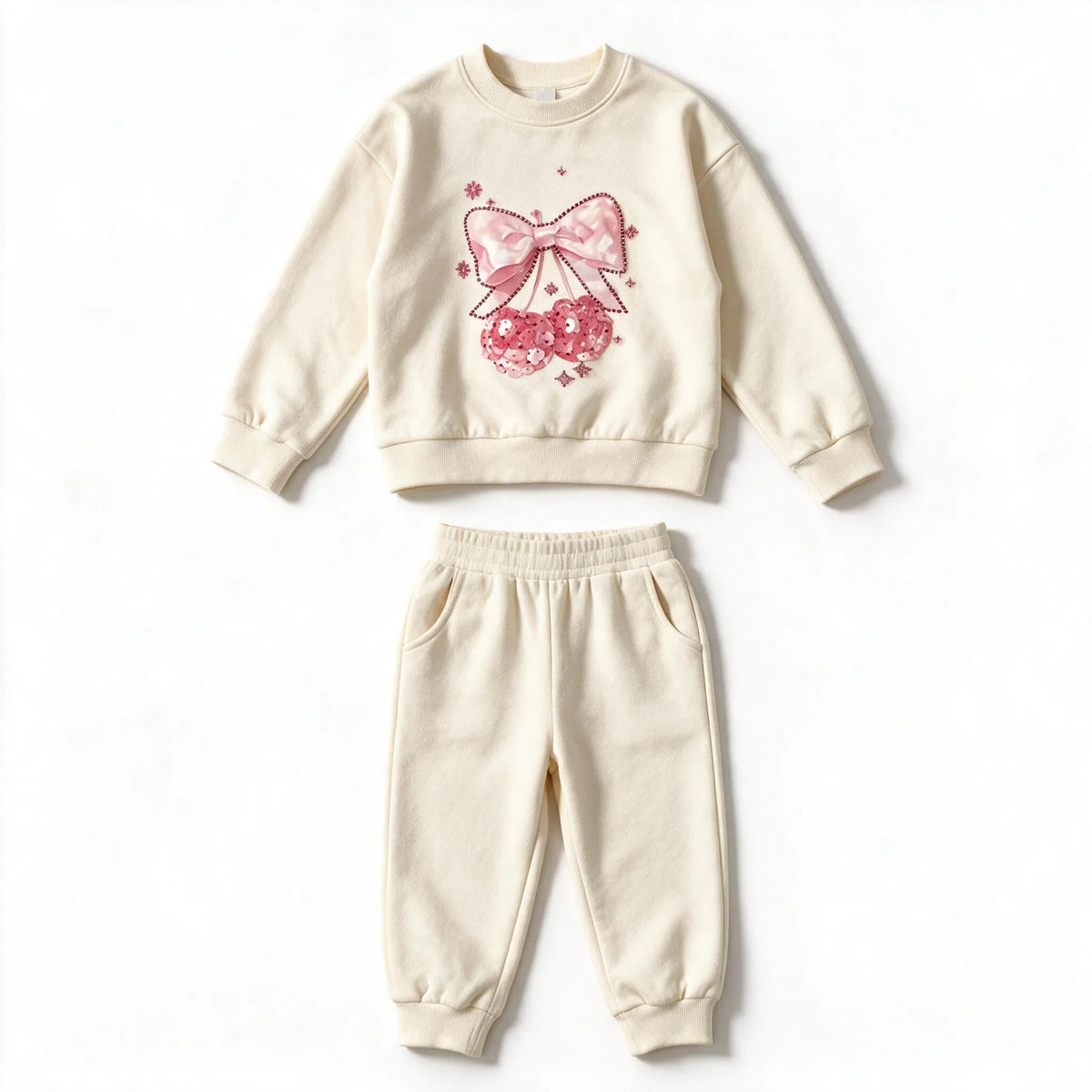Cream cherry bow sweatshirt and matching joggers photographed flat on white, with the pink sequin bow and cherries on the chest and the sleeves plain