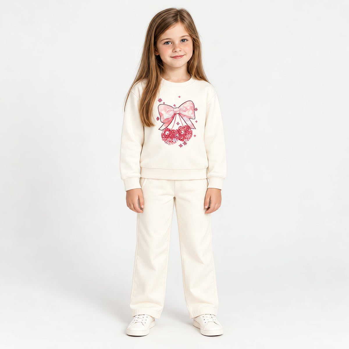 Girl standing in the cream cherry bow sweatshirt and jogger set, full length