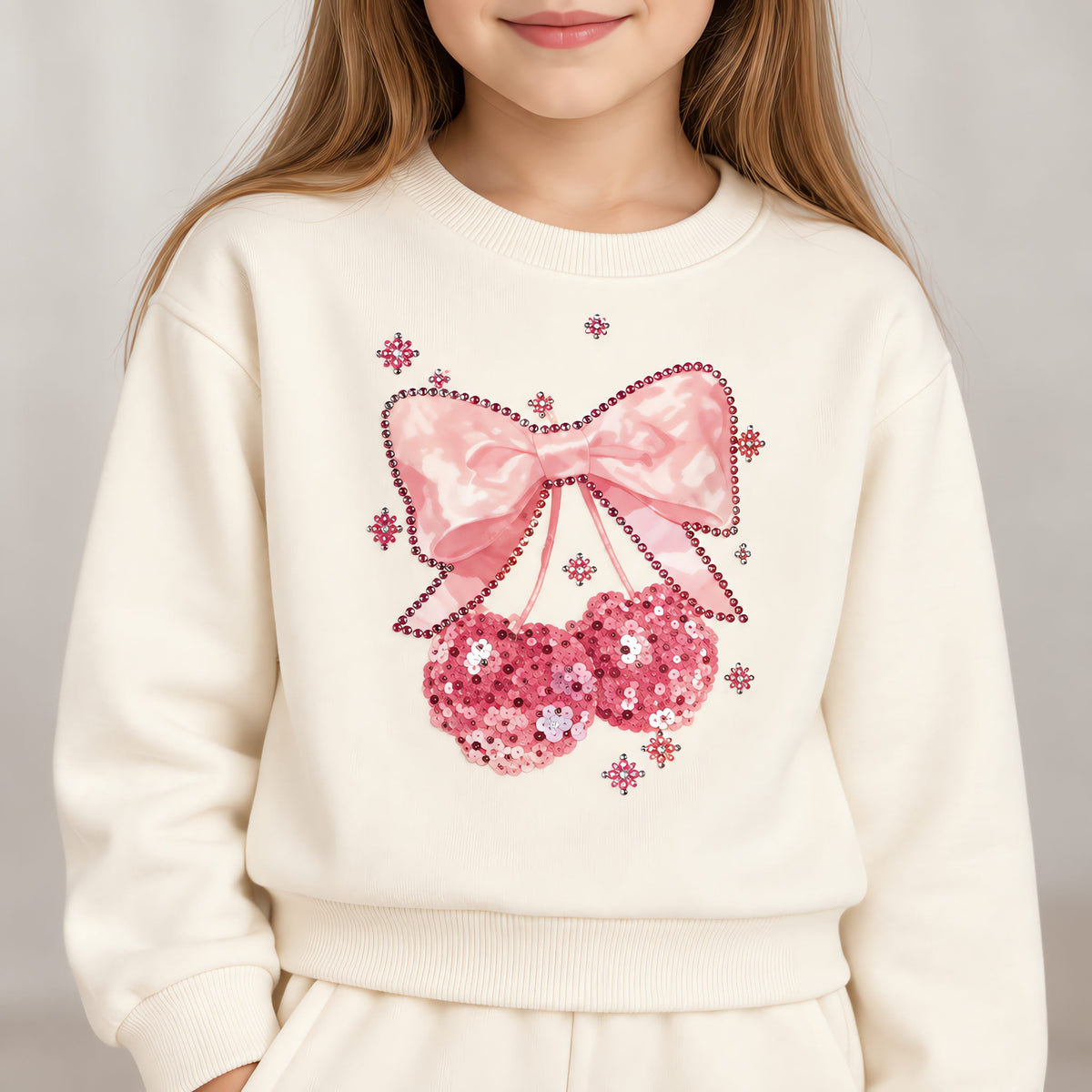 Close up of the pink sequin bow and cherries on the cream sweatshirt, sleeves plain