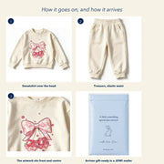 How the cherry bow set goes on and how it arrives in a JOWI mailer