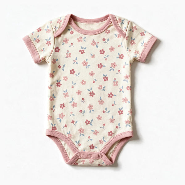 JOWI Soft Blossom Bodysuit shown flat from the front, small blossoms on cream, dusty pink trims, short sleeve