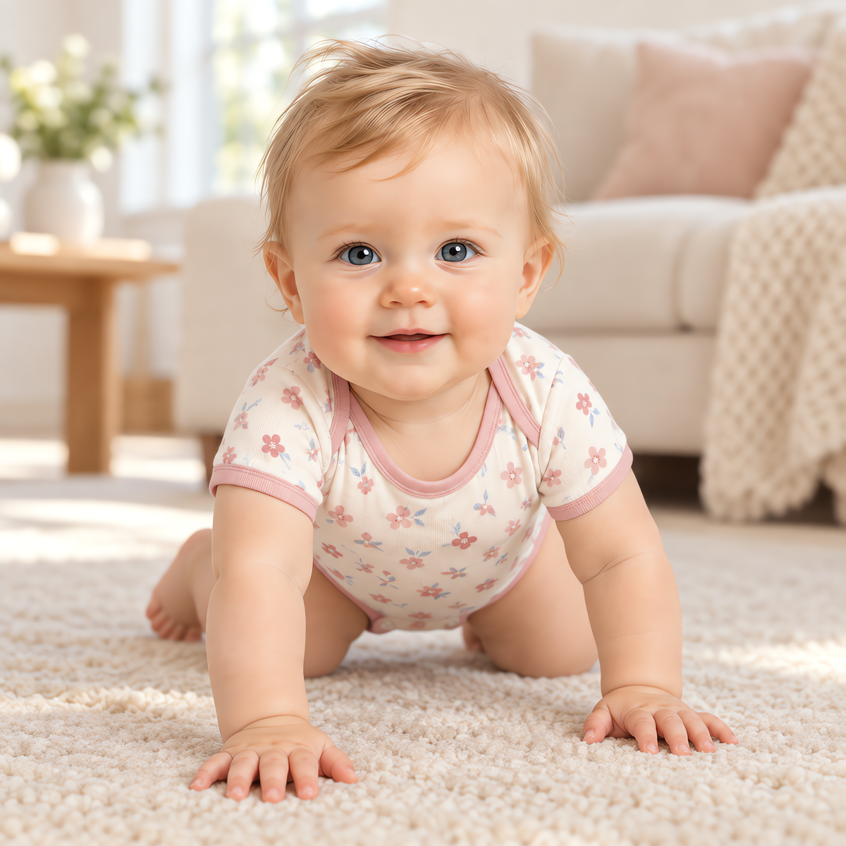 A baby moving and playing in the JOWI Soft Blossom Bodysuit in daylight at home