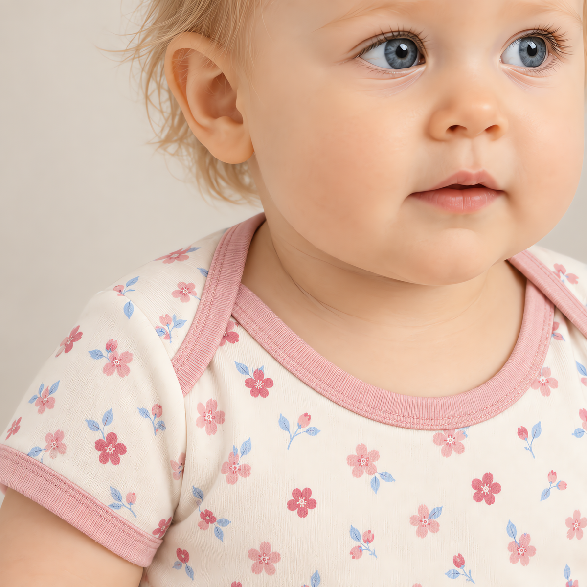 Close up of the JOWI Soft Blossom Bodysuit worn, with the printed cloth at true scale